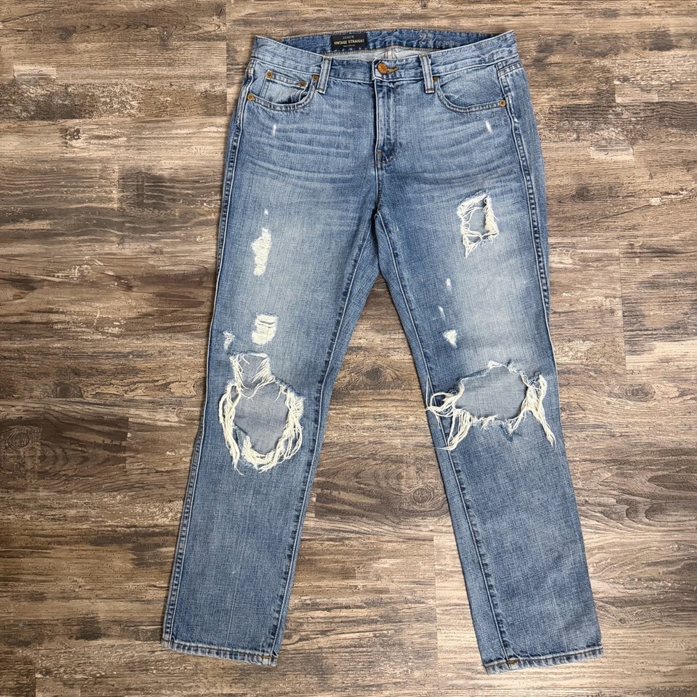 J. Crew Vintage Straight Distressed Light Wash Ripped Jeans Size 27